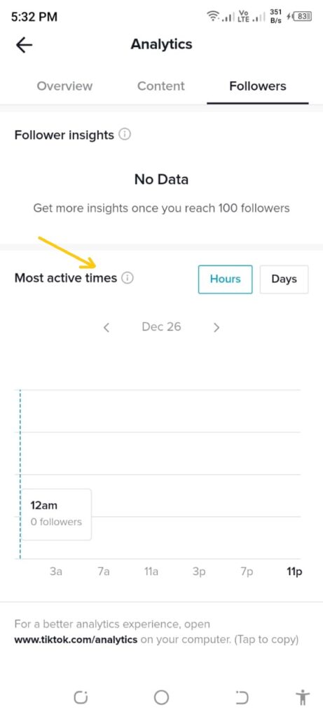 finding the best time to post on tiktok by scrolling down to most active times section