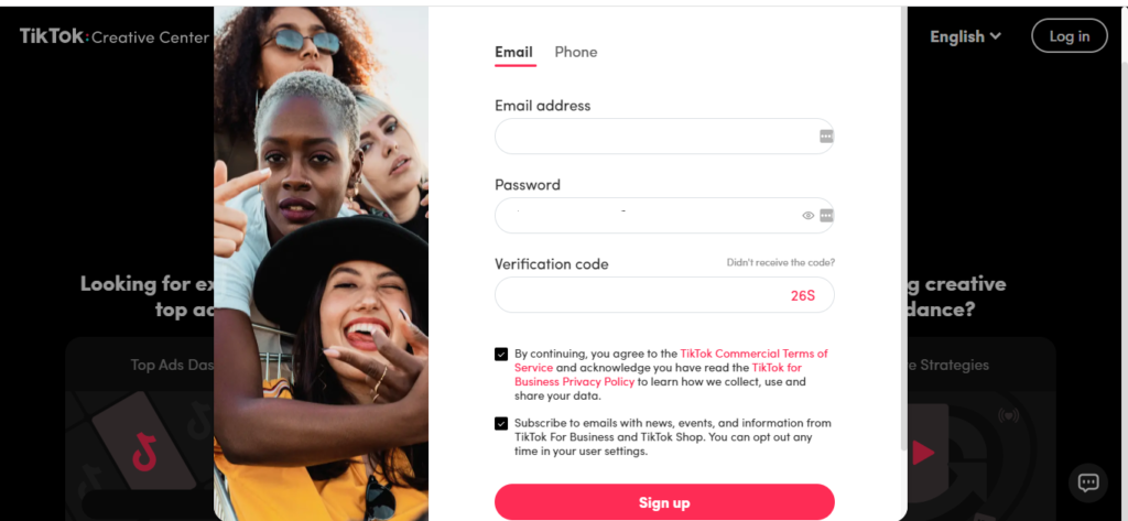 This image shows how to Sign up for TikTok Creative Center