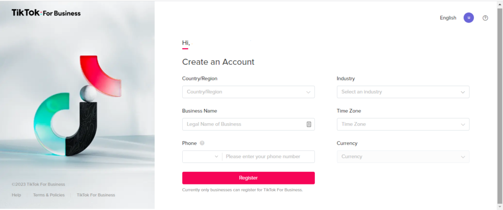 This image is how to register for creating tiktok ads manager account to add balance to tiktok ads manager