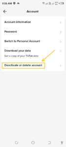 This image shows to tap on deactivate or delete account tab to delete a tiktok account