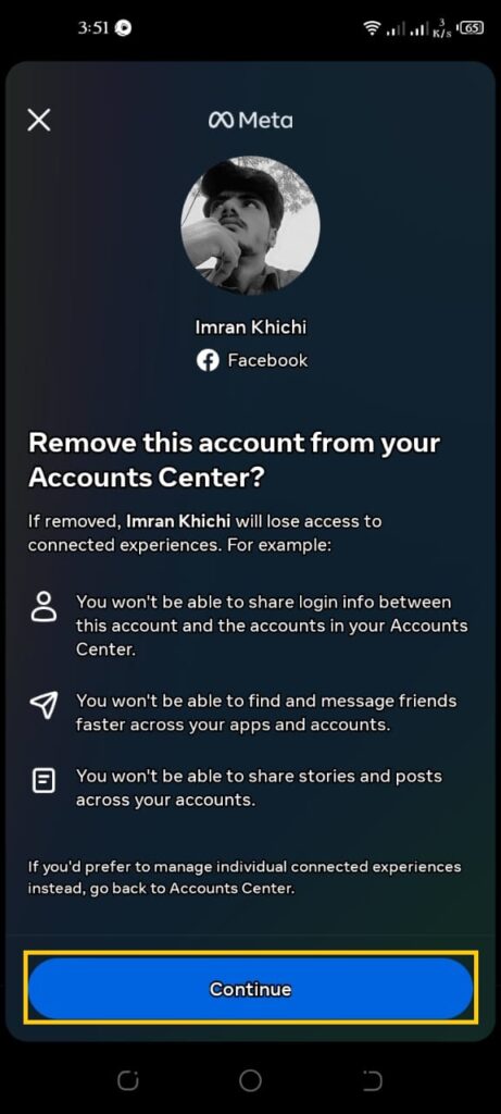 Clicking on Continue to Unlink Your Facebook from Instagram