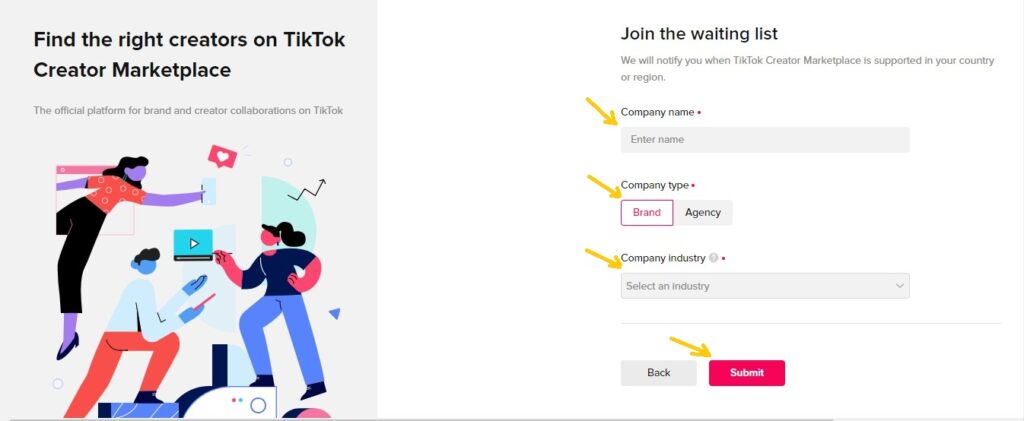Entering the company details to create a TikTok Creator Marketplace account