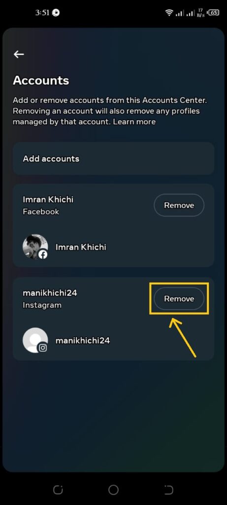 Select the account you wat to remove to Unlink Your Facebook from Instagram