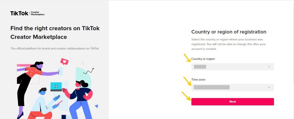 Entering Country and Time Zone to create TikTok Creator Marketplace Account