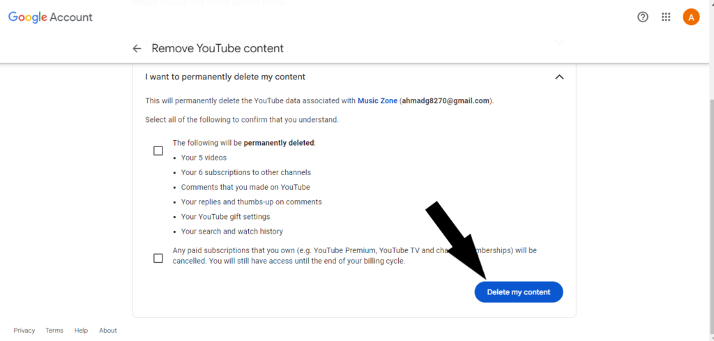 Click Delete My Content to delete a YouTube channel.