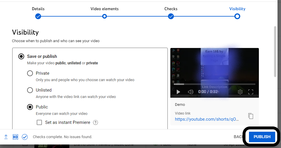 Click the "Publish" button to Upload Shorts on YouTube from Laptop.
