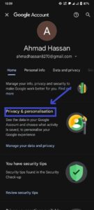 When you click on manage your google account to delete a YouTube account on mobile, you will see option of privacy and personalization. Click on it.