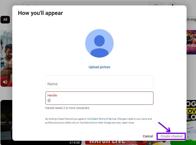 Enter Channel Name and Click on Create Channel tab to Unhide a YouTube Channel