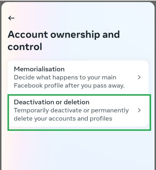 Tap on Deactivation or Deletion tab to delete Facebook acount on Android