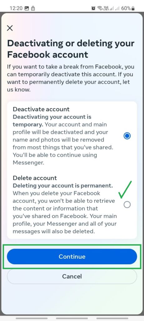 Tap Continue to delete facebook account on android