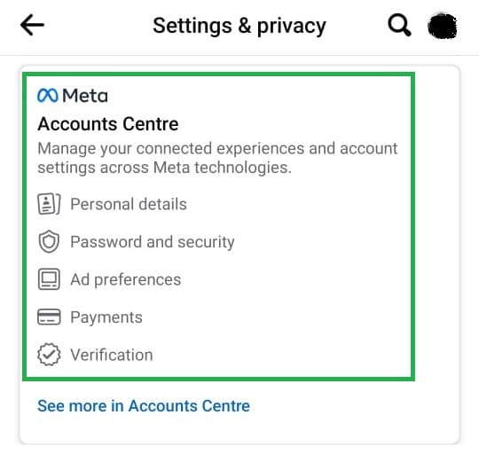 Tap on Meta Account Centre To delete Facebook Account on Android